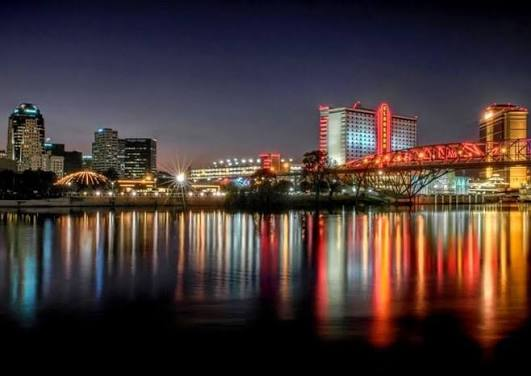 Shreveport-Bossier City riverfront skyline at night — SwiftDri serves Northwest Louisiana and East Texas